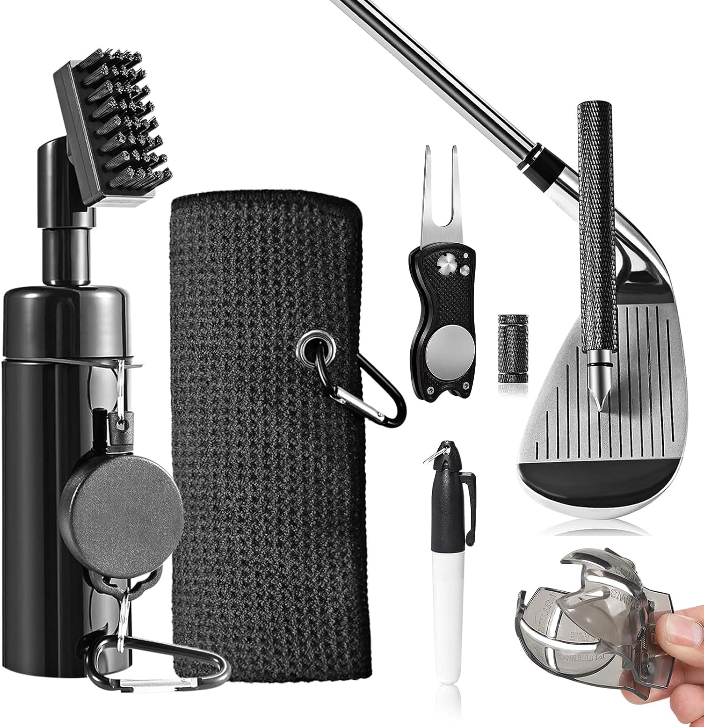 Golf Club Cleaning Kit – Club Brush with Water Bottle, Groove Cleaner, Microfibre Towel & Retractable Clip
