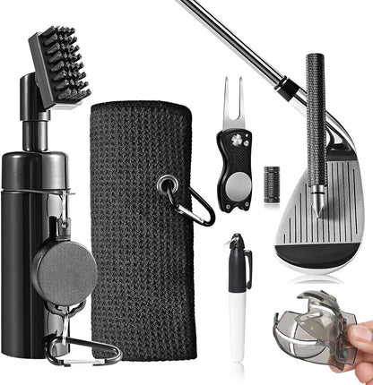 Golf Club Cleaning Kit – Club Brush with Water Bottle, Groove Cleaner, Microfibre Towel & Retractable Clip