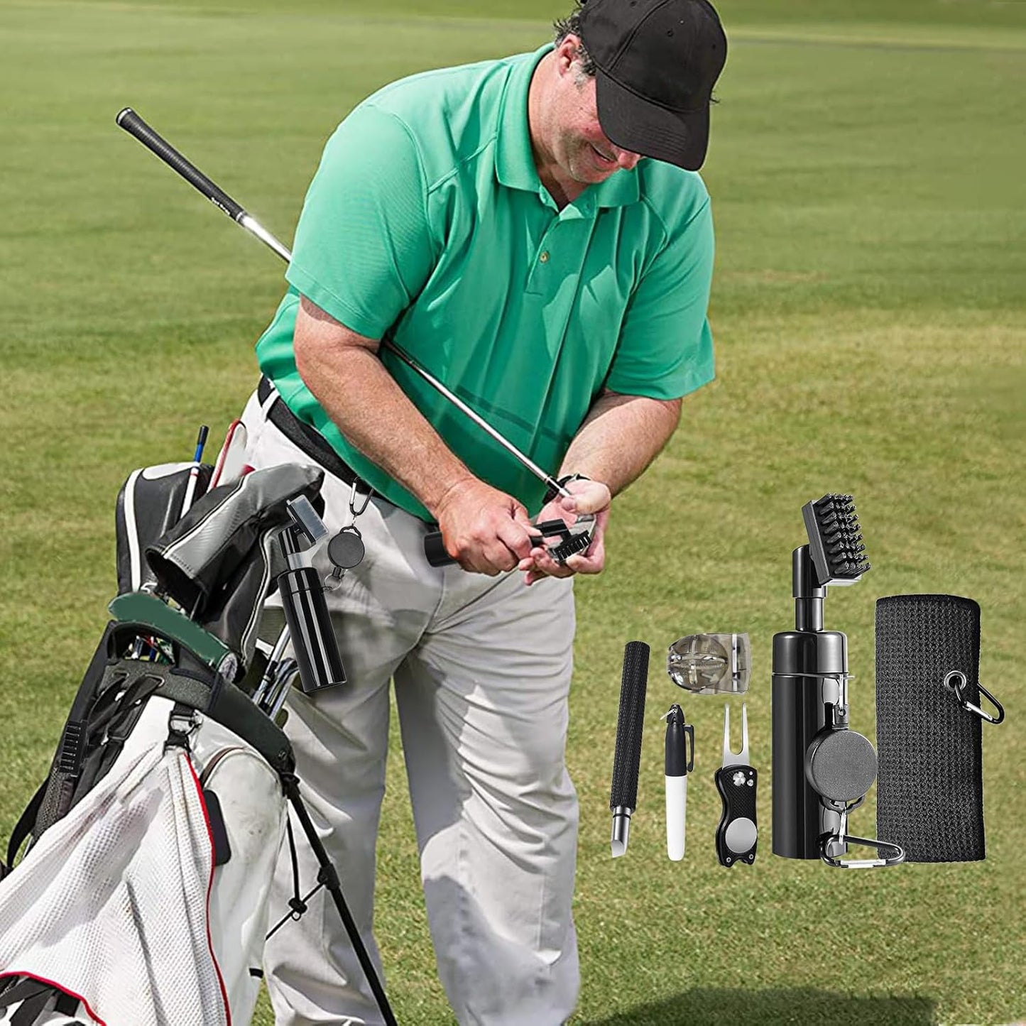 Golf Club Cleaning Kit – Club Brush with Water Bottle, Groove Cleaner, Microfibre Towel & Retractable Clip